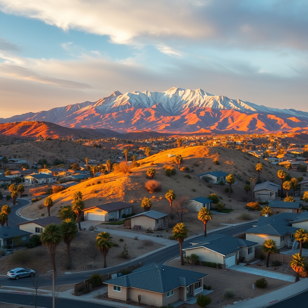 Aerial view of Desert Hot Springs neighborhood with San Gorgonio Mountain in the background