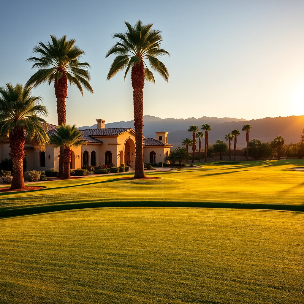 Luxury golf course estate home in the Coachella Valley with mountain views at golden hour