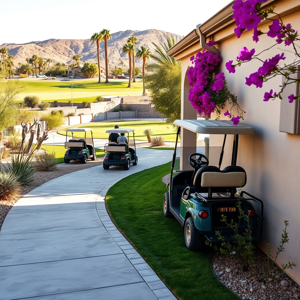Golf cart path running alongside the backyard wall of a Coachella Valley estate home
