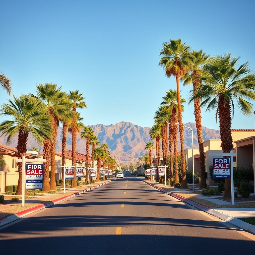 Coachella Valley residential street with multiple for-sale signs showing rising inventory in 2026