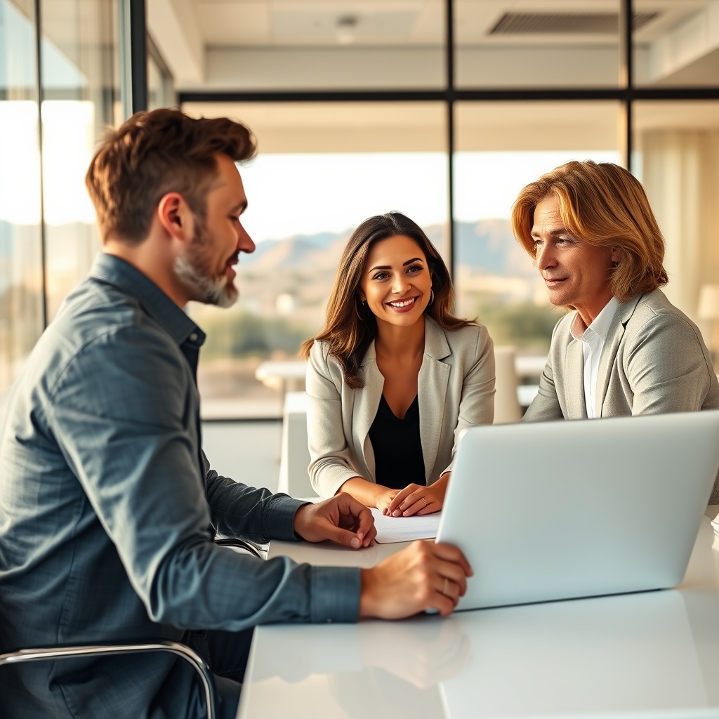 A couple reviewing real estate market data with an agent in a modern desert office