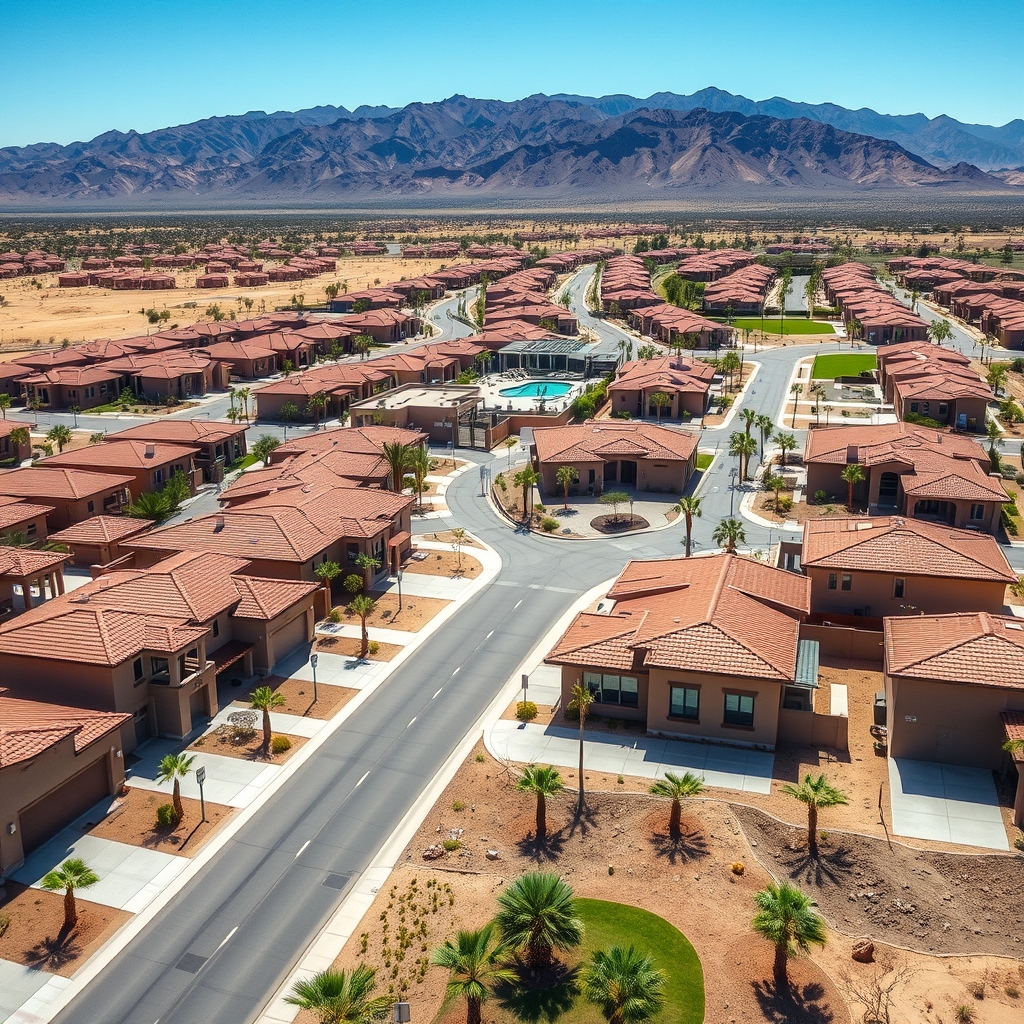 Aerial view of a newly built master-planned community in the Coachella Valley