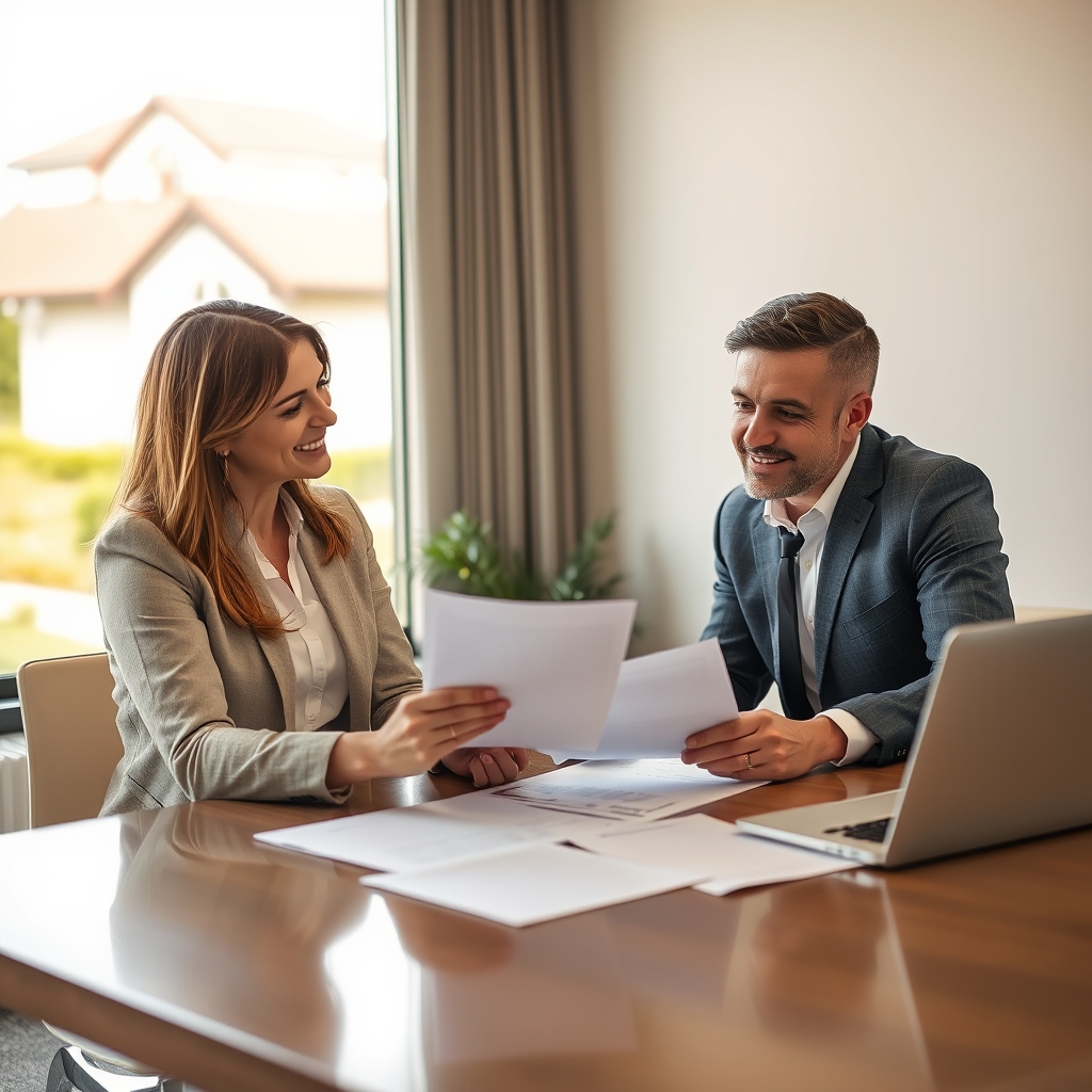 A real estate agent and homebuyer reviewing property tax documents together