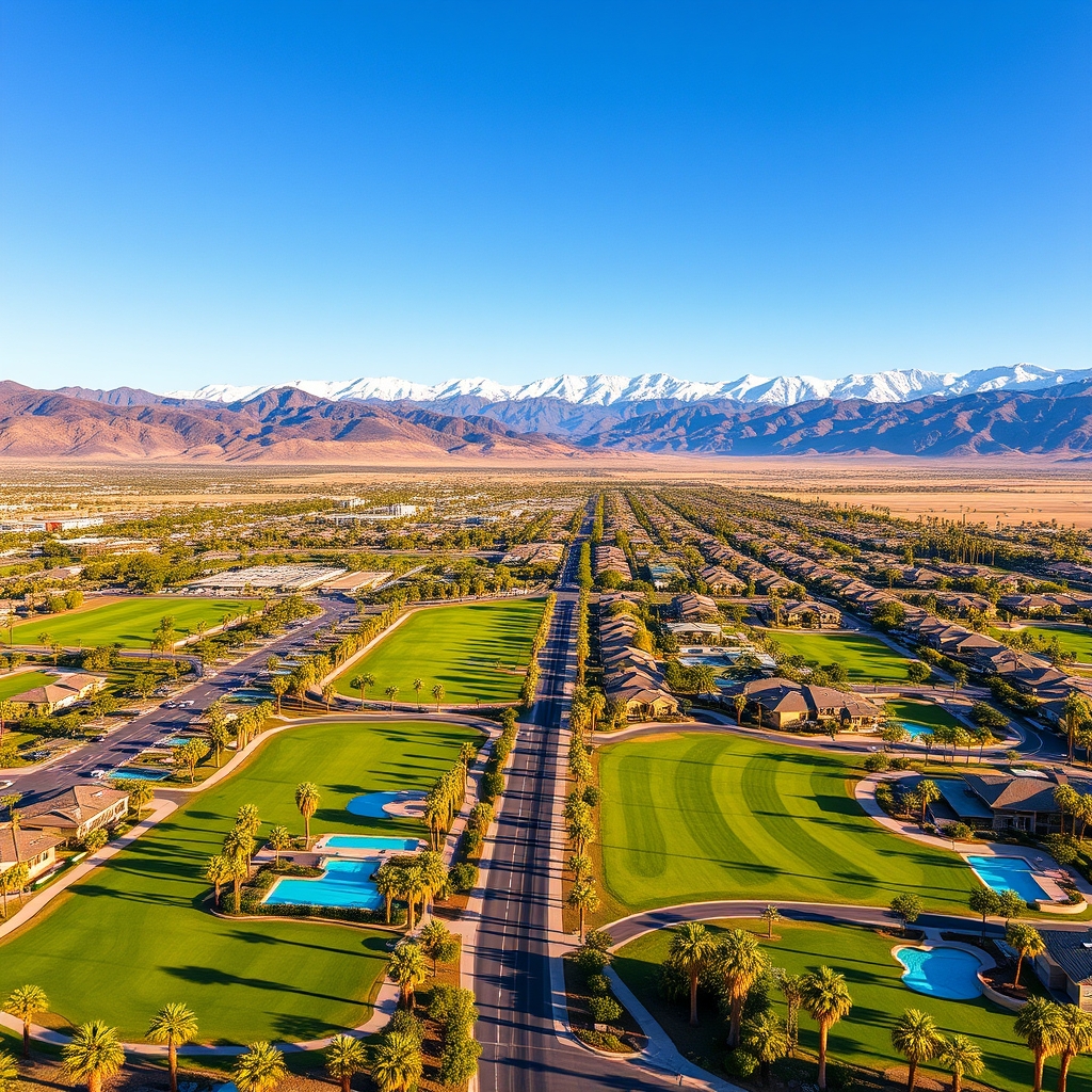 Aerial view of a Coachella Valley neighborhood in peak winter season with snow-capped mountains and lush green fairways