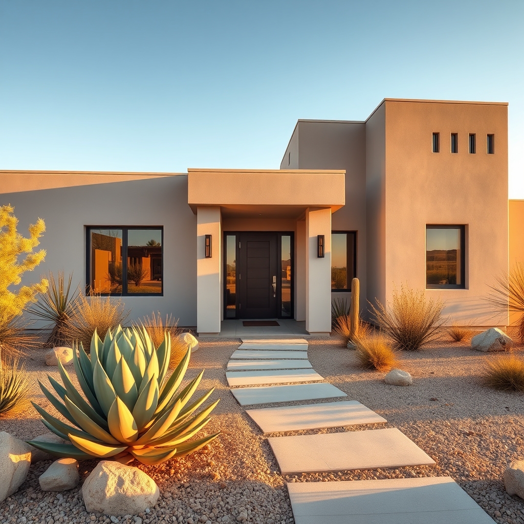 A beautifully staged desert-modern home exterior with lush landscaping under golden afternoon light